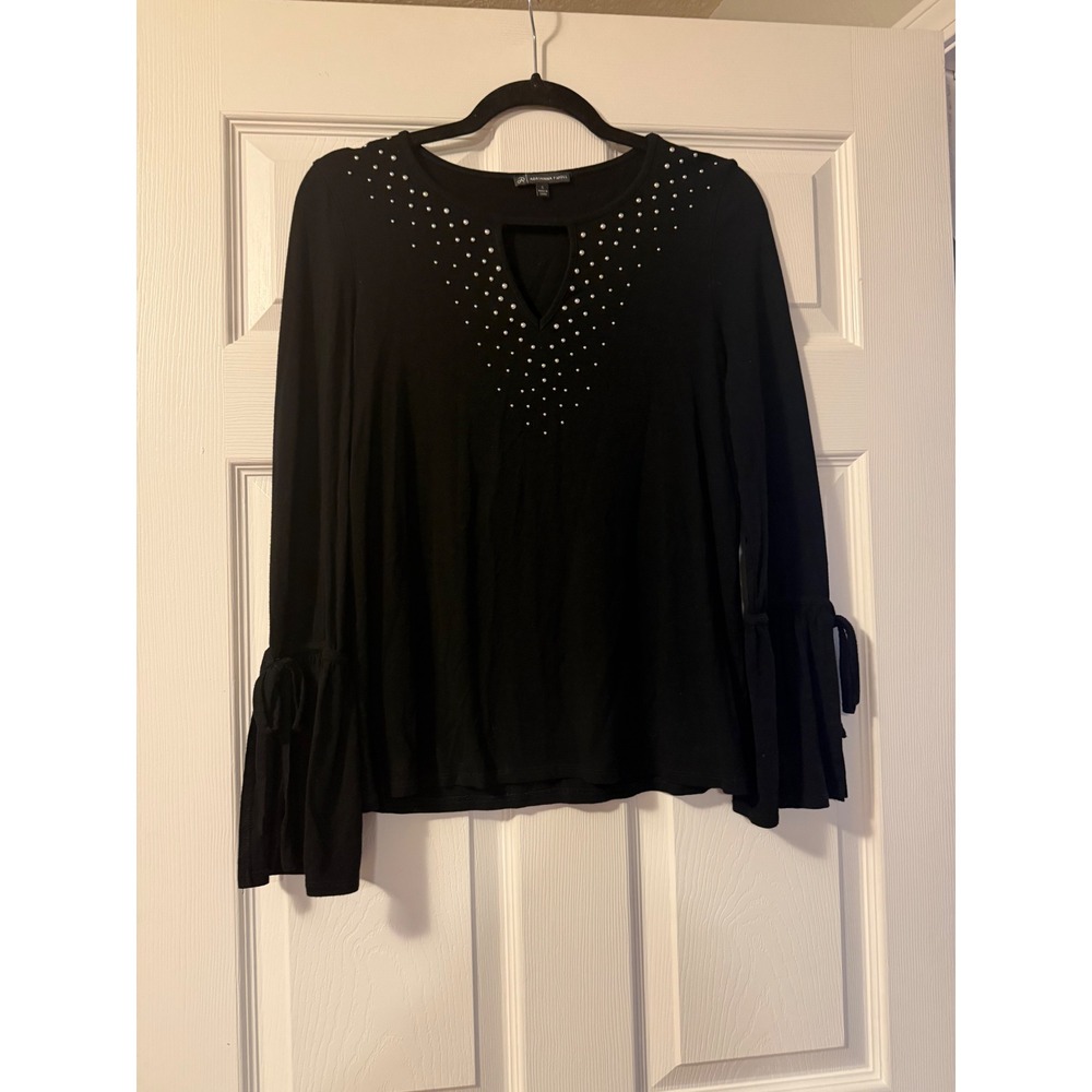 Adrianna Papell Black Rhinestone Keyhole Top Bell Sleeve Blouse Small